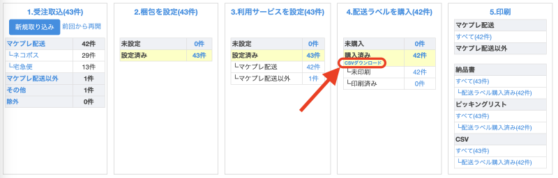 出力する項目：注文番号、追跡番号